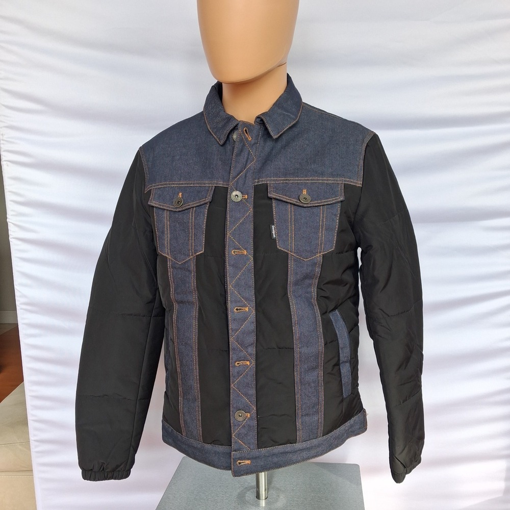 Desigual Mens Mixed Media Denim Puffer Jacket Black Blue Quilted Trucker Coat